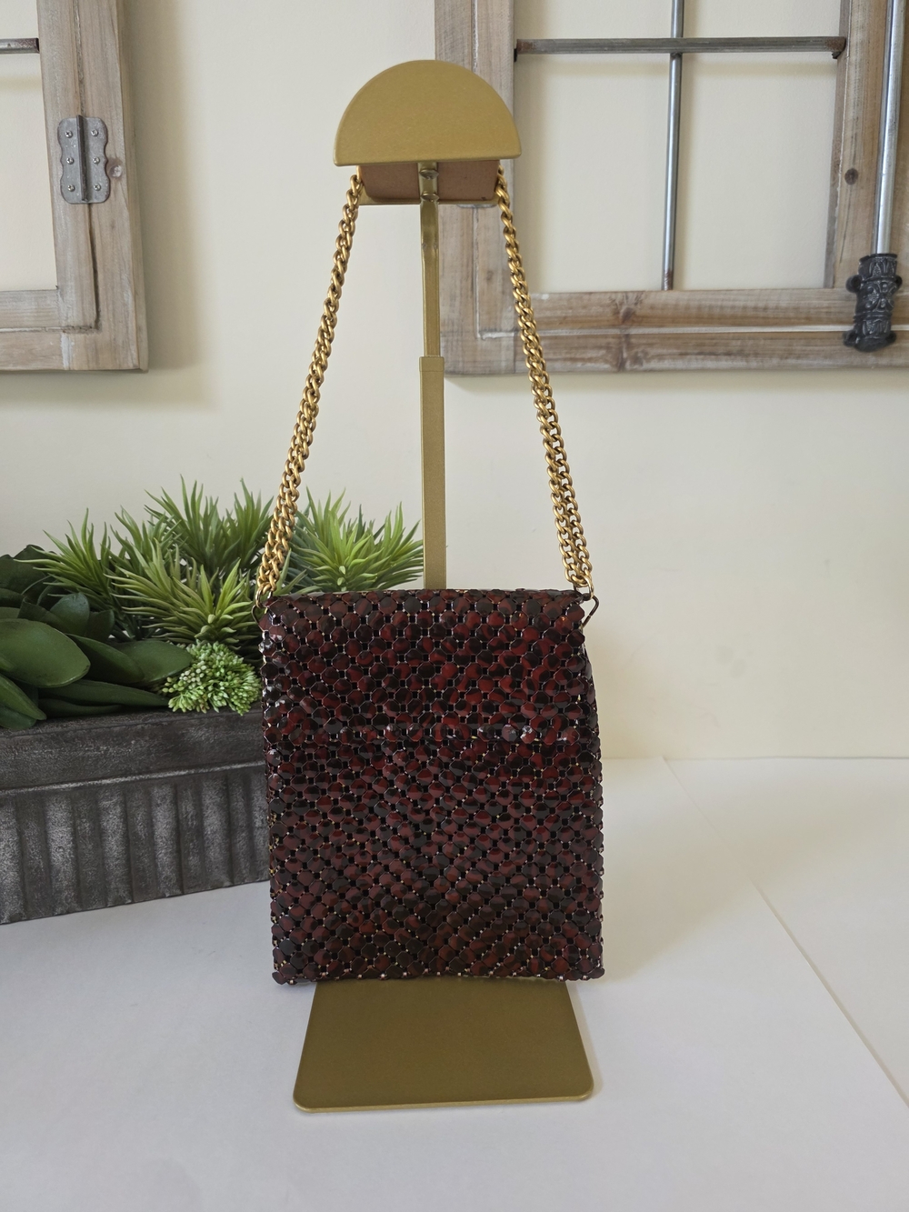 Vintage Whiting & Davis Red Brown Tortoise Enameled Metal Mesh Shoulder Bag - Picture 4 of 11